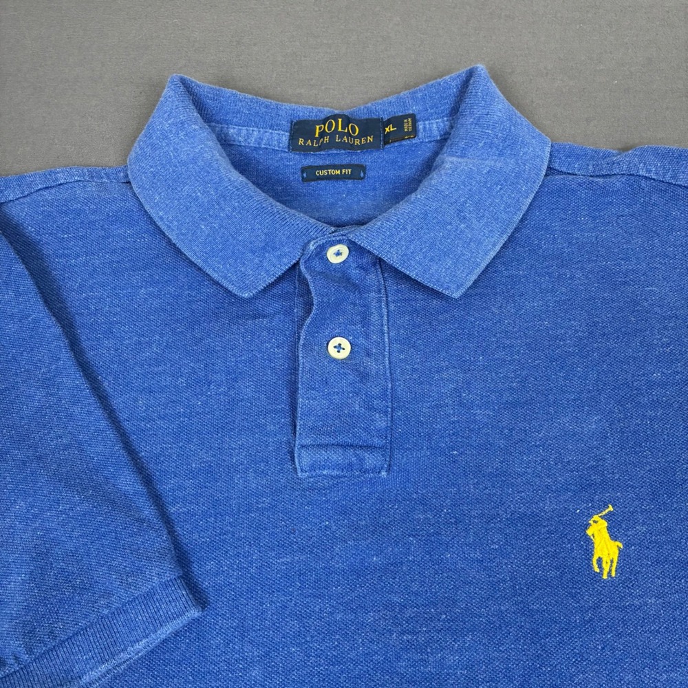 Polo Ralph Lauren Custom Blue Short Sleeve Polo Shirt Men's Sz Large Yellow Pony